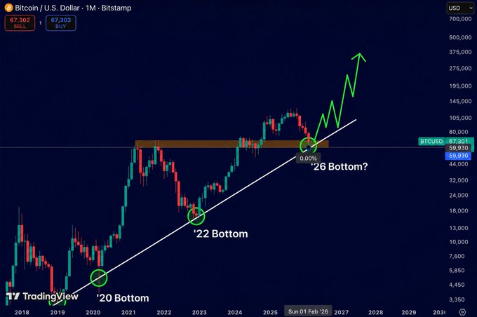 A TradingView Bitcoin/USD monthly chart from Bitstamp showing historical bottoms labeled ''20 Bottom,' ''22 Bottom,' and ''26 Bottom?' with a green upward projected trend line to roughly $300,000+.