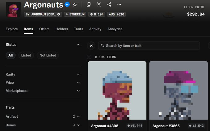 The image shows the Argonauts NFT collection page on OpenSea, displaying a floor price of $292.94 for 8,194 items on the Ethereum network. Two pixelated Argonaut character NFTs (#4398 and #3865) are visible, priced at Ξ5.045 and Ξ2.543 respectively, which aligns with the post discussing the project's $300 mint price and quick sell-out.