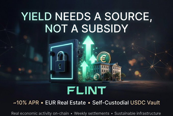 The image promotes **Flint (FLINT)**, a self-custodial USDC vault offering **~10% APR** backed by **EUR real estate** financing, with the bold headline **"YIELD NEEDS A SOURCE, NOT A SUBSIDY."** It features a glowing safe with a padlock beside euro symbols and a building, visually reinforcing the post's message about sustainable, real-economy-backed yield rather than token emissions or subsidies.
