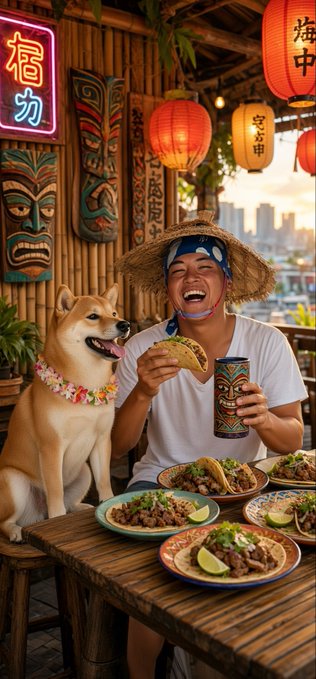 A man in a straw hat laughs joyfully while eating a taco beside a smiling Shiba Inu dog, with colorful tiki masks, red lanterns, and multiple plates of food decorating the tropical-themed scene.