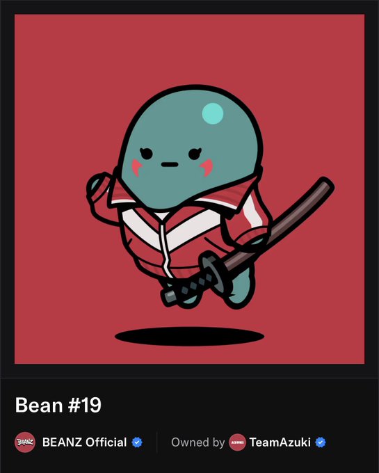 The image shows Bean #19 from the BEANZ Official collection, owned by TeamAzuki, depicting a teal beanz character in a red track jacket wielding a katana—matching the rare Azuki track jacket x katana combo described in the post, which highlights Bean #19 as part of only 5 such collectibles.