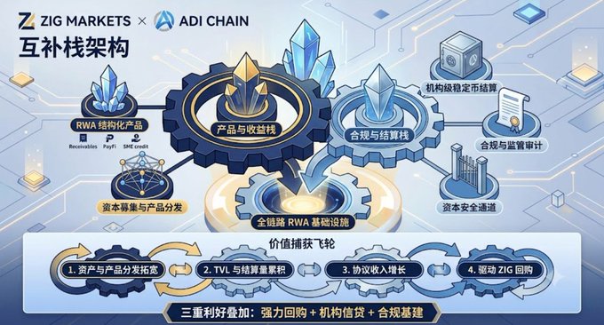 An infographic for 'ZIG MARKETS × ADI CHAIN' displaying a RWA framework with interconnected gears labeled with Chinese text including '产品与收益栈' and '合规与结算栈'.