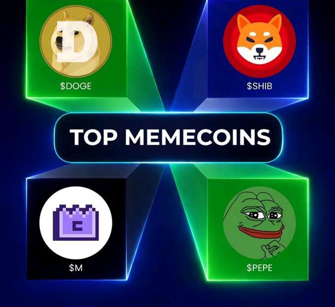 A graphic titled 'TOP MEMECOINS' showcasing $DOGE, $SHIB, $M (MeMe), and $PEPE cryptocurrency tokens.