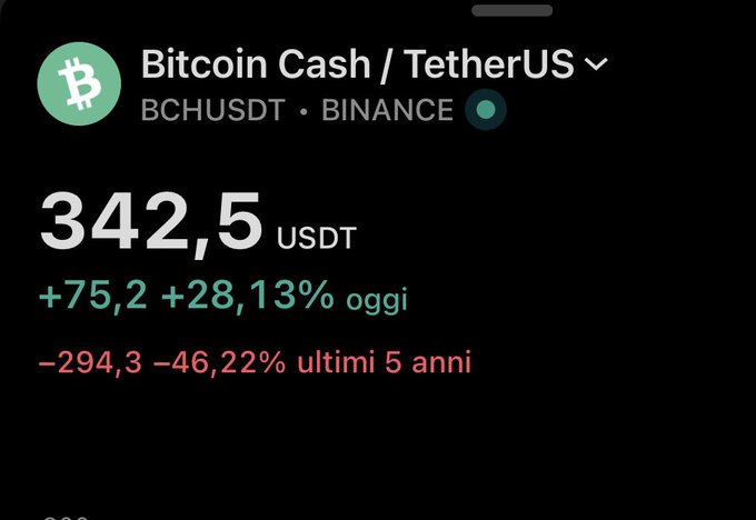 A mobile trading app screenshot shows Bitcoin Cash (BCH) paired with Tether (BCHUSDT) on Binance trading at 342.5 USDT, with a daily gain of +28.13% (+75.2) but a significant 5-year decline of -46.22% (-294.3), illustrating BCH's volatile long-term performance despite short-term pumps.