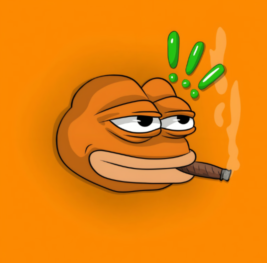 A cartoon frog with a smug expression smokes a cigar against an orange background, with green exclamation marks above its head indicating surprise or alarm—visually representing the "smoked" or scammed situation described in the post about the $PEPONK team being targeted by an impersonator.