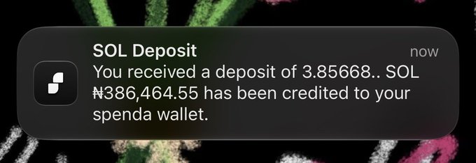 A notification from Spenda confirms a SOL deposit of 3.85668 SOL (₦386,464.55) into the user's wallet, visually reinforcing the post's claim that Spenda is a standout peer-to-peer app supporting Solana and multiple other chains.