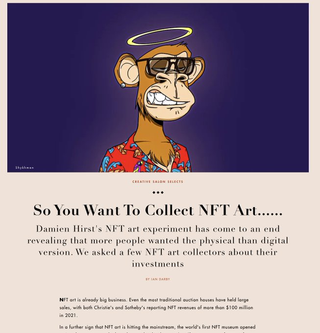 An article titled 'So You Want To Collect NFT Art....' features a Bored Ape-style NFT character wearing a halo and sunglasses, discussing Damien Hirst's NFT art experiment.