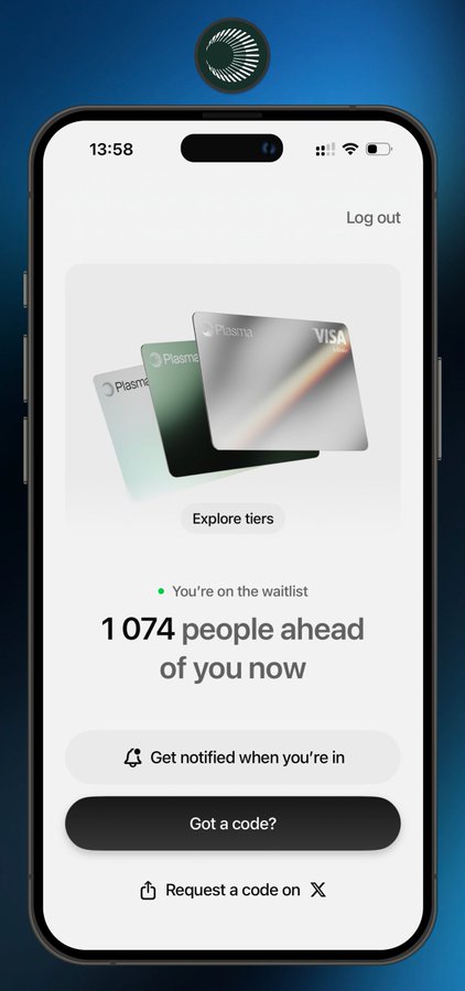 A smartphone screen displays the Plasma app showing a waitlist status with "1,074 people ahead of you now" and options to "Get notified when you're in," "Got a code?," or "Request a code on X," alongside images of three Plasma Visa cards (teal, green, and silver). The image relates to the crypto card notes, potentially highlighting features like Apple Pay top-ups and account statements being developed for the Plasma platform.