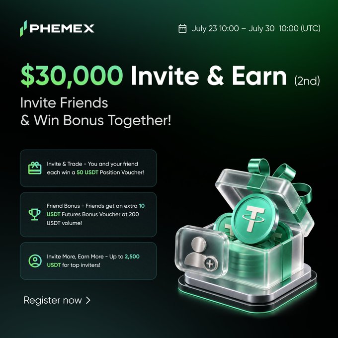 This is an advertisement for Phemex's "$30,000 Invite & Earn (2nd)" promotion, running from July 23-30 UTC, offering USDT vouchers and bonuses for inviting friends and trading. The image visually represents this with a gift box overflowing with USDT coins and icons related to inviting and earning.