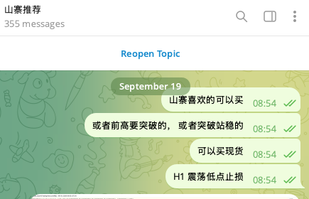 A screenshot of a Telegram chat titled '山寨推荐' showing 355 messages, with a series of Chinese text messages sent on September 19 discussing purchasing recommendations for brand-name goods.