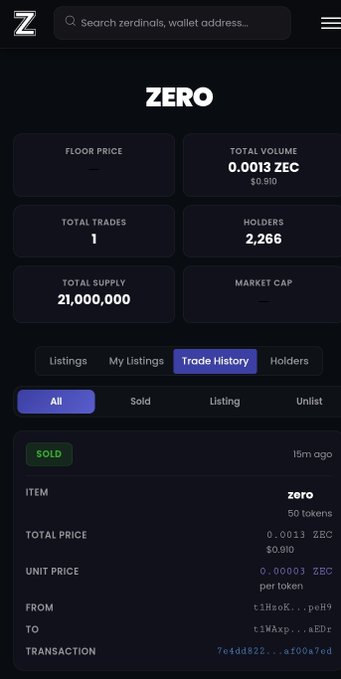 The image shows the ZRC-20 "ZERO" token page on zerdinals.com, displaying marketplace statistics including 2,266 holders, a total supply of 21,000,000, and a trade history showing one recent sale of 50 tokens at 0.0013 ZEC ($0.910) per token 15 minutes prior. This visually confirms the post's announcement that ZRC-20 tokens are now live and tradeable on the ZCash-based zerdinals marketplace.