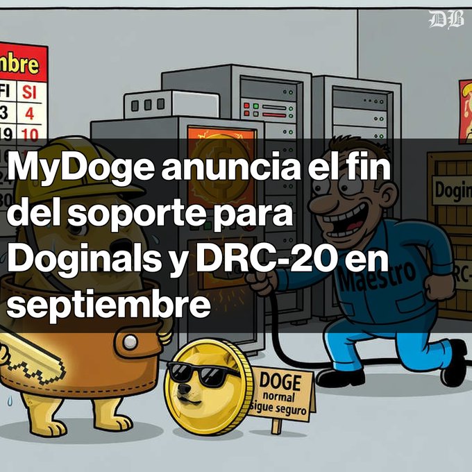 A cartoon illustration showing a DOGE coin character and a 'Maestro' character, with Spanish text overlaid that reads: 'MyDoge anuncia el fin del soporte para Doginals y DRC-20 en septiembre'.