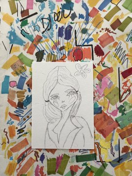 A pencil sketch of a young woman with a butterfly in her hair, placed on a background of colorful abstract paint strokes.