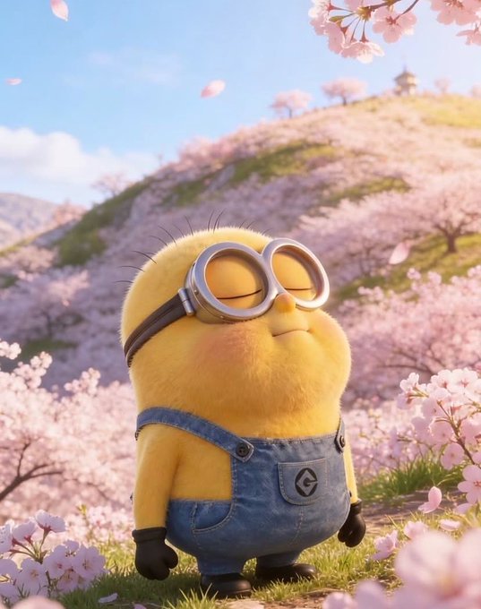 A cute 3D-rendered minion-like yellow character wearing goggles and denim overalls standing in a field of pink cherry blossoms with petals falling around.