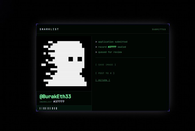 A 'SNARKLIST' submission screen showing a pixelated skull ghost image with record #37777 sealed and queued for review under the username @BurakEth33.