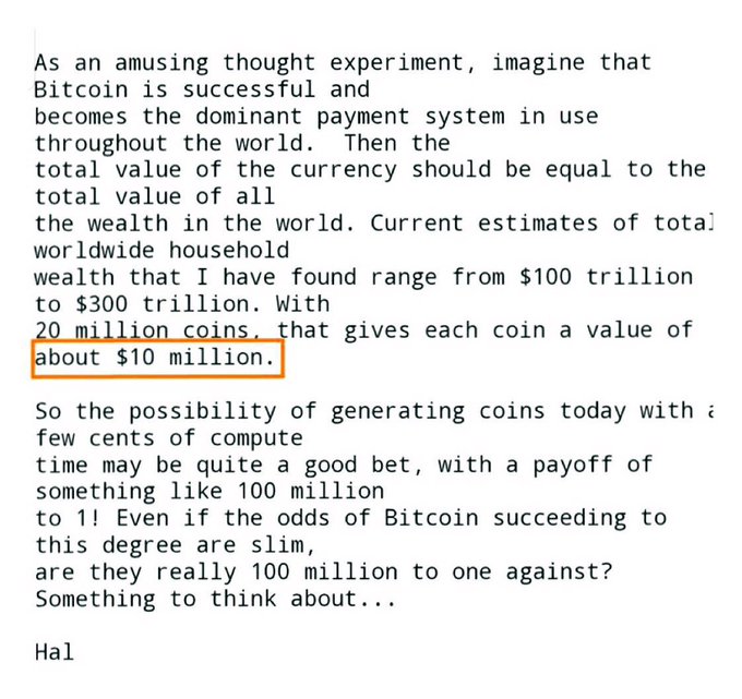 A text excerpt discussing a thought experiment about Bitcoin's potential value, with the phrase 'about $10 million' highlighted in an orange box, signed off by 'Hal'.