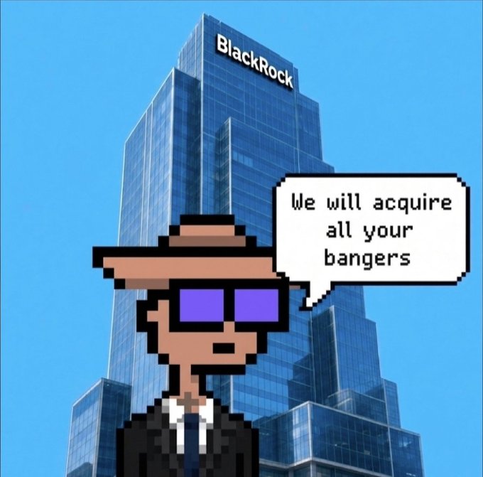 A pixel art character wearing sunglasses and a fedora stands in front of a skyscraper labeled "BlackRock," with a speech bubble declaring "We will acquire all your bangers." The image humorously illustrates the post's message about BlackRock's interest in acquiring Lil Bangers NFTs, blending corporate finance imagery with crypto NFT culture.