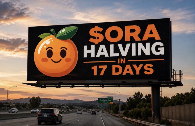 A billboard on a highway displays a message reading '$ORA HALVING IN 17 DAYS' alongside a cartoon orange character, with cars driving on the road below at sunset.