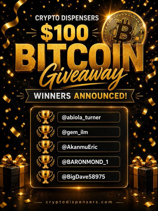 The image features a poster for a Bitcoin Giveaway event, with gold text and a large Bitcoin symbol at the center. The poster includes a list of winners who have joined the giveaway, along with their social media handles. The text on the poster congratulates the winners and encourages them to share their experiences and support the Crypto Dispensers community.