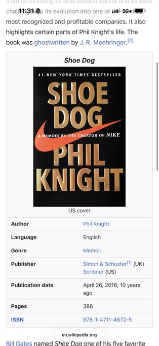 A screenshot of a Wikipedia article displays the US cover of 'Shoe Dog: A Memoir by the Creator of Nike' by Phil Knight, noting it as a #1 New York Times Bestseller published by Simon & Schuster (US) on April 26, 2016.