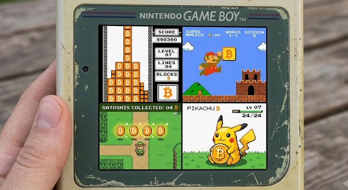 A hand holding a vintage Nintendo Game Boy displaying a Bitcoin-themed game featuring Mario, Pikachu, Satoshi Nakamoto, a Bitcoin block stack, and stats like 'SATOSHIS COLLECTED: 04'.
