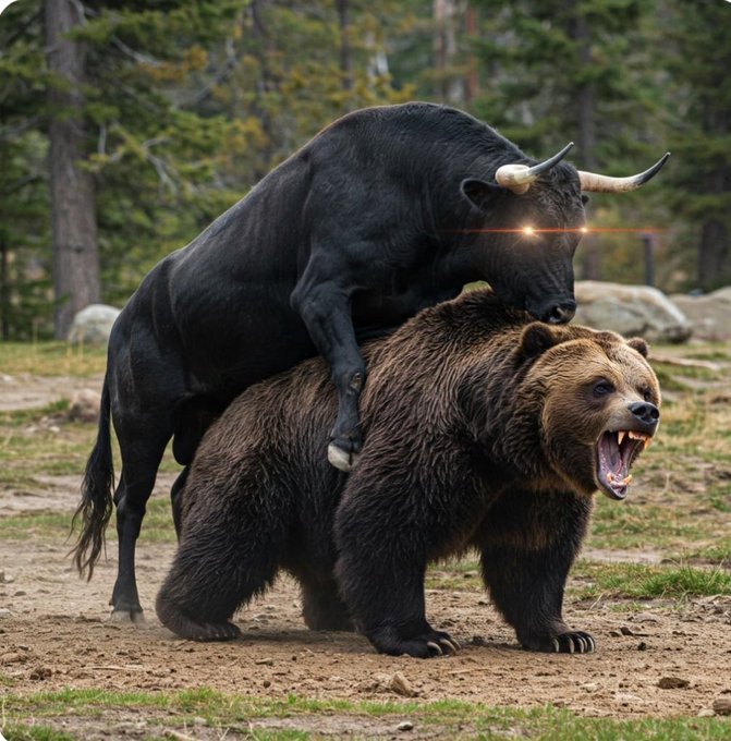 A black bull with glowing eyes aggressively mounts a roaring grizzly bear in a forest setting, symbolizing a bullish crypto market overwhelming bearish forces—matching the post's commentary on $ETH surging 20% and "bears being f***ed."