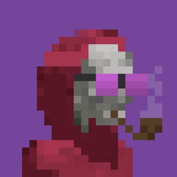 A pixelated low-resolution image of a red and green zombie-like figure with purple tinted glasses against a purple background.