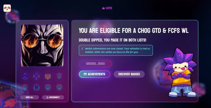 A dark neon purple dashboard confirms eligibility for both Chog GTD and FCFS whitelists, displaying "YOU ARE ELIGIBLE FOR A CHOG GTD & FCFS WL" and "DOUBLE DIPPED, YOU MADE IT ON BOTH LISTS!" with wallet "0x0000...0000" and an animated Chog mascot. The image directly supports the post's claim of being "Chog (Double dip) ready," visually celebrating the rare achievement of qualifying for both whitelist tiers.