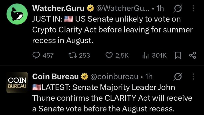 Tweets from Watcher.Guru and Coin Bureau reporting on the US Senate's potential vote on the Crypto Clarity Act before the August recess.