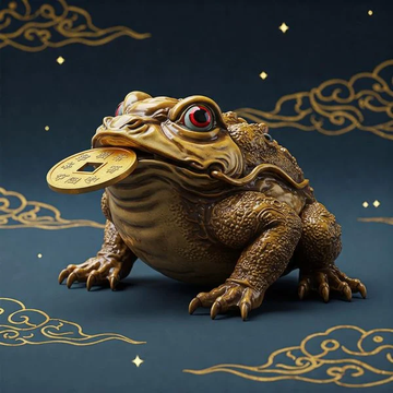 A golden toad figurine holding a coin in its mouth sits against a dark blue background with gold cloud motifs. The image evokes traditional Chinese symbolism of wealth and prosperity, fitting the post's mention of BSC memecoins being dominated by Chinese projects.