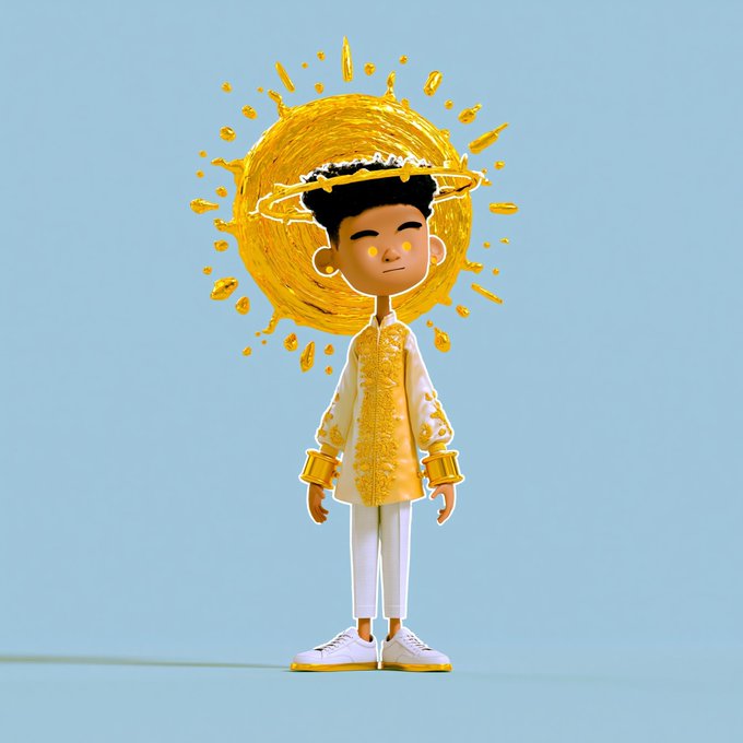 A 3D illustration of a character in an ornate white and gold traditional-style outfit, standing in front of a large, swirling golden halo.