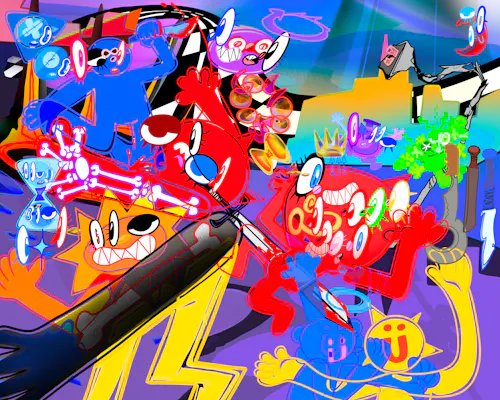 A colorful, chaotic digital illustration featuring cartoonish characters in a graffiti-style composition with vibrant reds, yellows, and blues, showing various abstract figures and shapes intertwined together.
