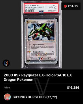 A graded 2003 Pokemon Rayquaza EX card is displayed in a PSA 10 slab. The listing is priced at $16,286, with the seller tag 'BUYINGYOURSTOPS (zz, zz)'.