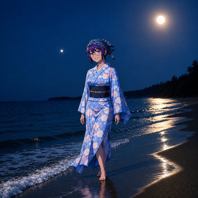 An anime-style illustration depicts a woman with purple hair wearing a blue and white floral yukata, walking barefoot along a beach shoreline at night under a full moon.