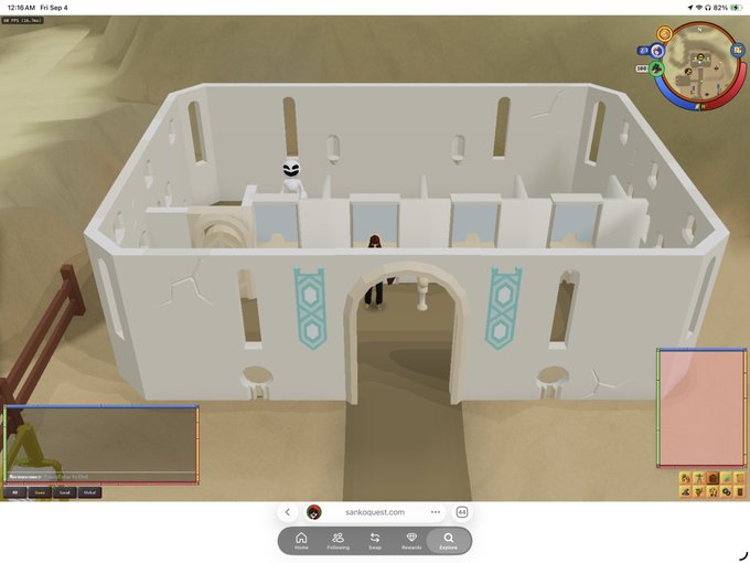A video game screenshot displaying a white building with arched doorways in a desert setting, with UI elements visible.