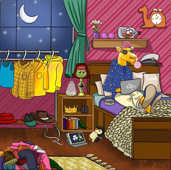 A cartoon camel wearing sunglasses and pajamas relaxes in bed with a laptop displaying an "A+" grade, surrounded by luxurious items including a crown, ship-in-a-bottle, and designer sunglasses in a vibrant pink bedroom. The image aligns with the post's restful "Time to rest" theme while showcasing the #3DCamels NFT collection with its whimsical, treasure-themed aesthetic that complements the quote about mining gold from thoughts.