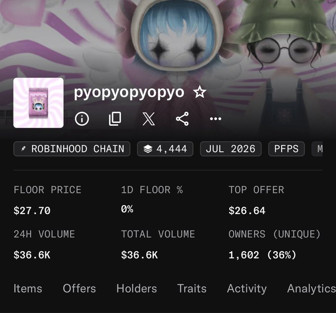 A screenshot of an NFT collection details page for 'pyopyopyopyo' on Robinhood Chain, showing a floor price of $27.70, 24H volume of $36.6K, and 1,602 unique owners.