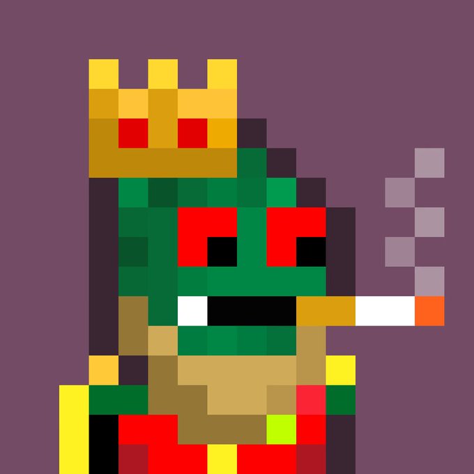A pixel art style image on a purple background depicts a green-skinned figure wearing a golden crown and red eyes, smoking a cigarette.