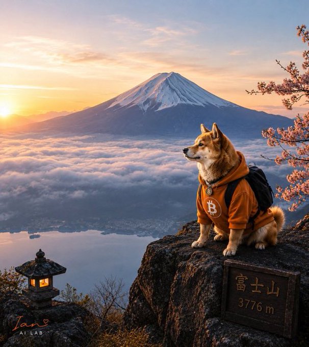 A Shiba Inu wearing an orange hoodie with a Bitcoin logo and a backpack sits on a rocky ledge overlooking Mount Fuji at sunrise, with cherry blossoms on the right and a stone lantern on the left. A wooden sign reads "富士山 3776 m," and the image is credited "Iano AI LAB" in the bottom left corner.