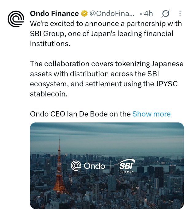 A tweet from Ondo Finance (@OndoFina...) announcing a partnership with SBI Group to tokenize Japanese assets and use the JPYSC stablecoin for settlement, featuring an image of the Ondo and SBI Group logos overlaid on a nighttime Tokyo skyline with Tokyo Tower visible.