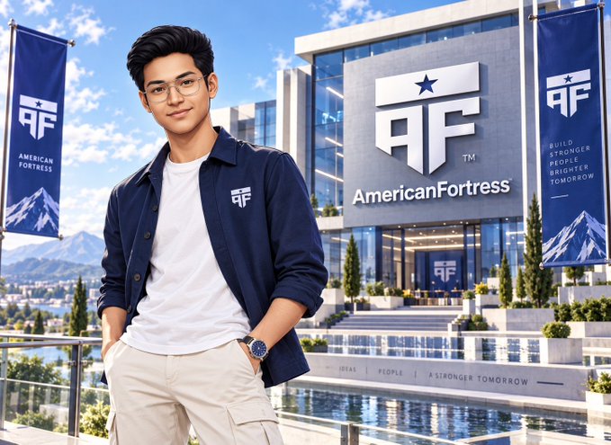 An AI-generated image of a young man with glasses standing in front of an 'American Fortress' (AF) building, with flags bearing the same logo.