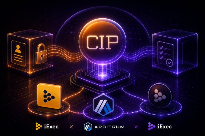 The image features a digital illustration of a network of cubes, each containing different icons representing various cryptocurrencies such as Bitcoin, Ripple, and CIP. The cubes are arranged in a way that suggests they are interconnected or part of a larger system. In the center of this network is a large purple circle with the word "CIP" written on it. Below the circle, there's an arrow pointing to another cube containing a yellow square with a lock symbol and the word "iExec". The bottom right corner of the image has text that reads: "On-chain inheritance goes confidential: CIP has migrated to Arbitrum and built its inheritance logic with iExec TEEs x @CIPInheritance x @arbitrum".