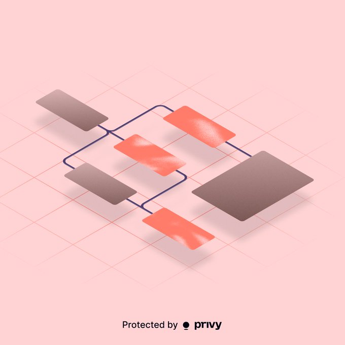 A stylized flowchart diagram with grey and orange/coral colored rectangles connected by dark blue lines on a pink background, with text reading 'Protected by ● privy' at the bottom.