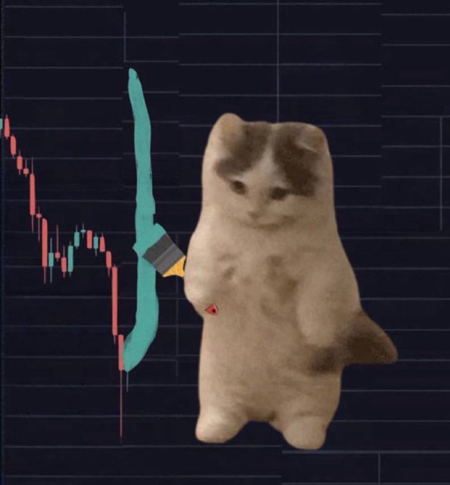 A humorous meme image showing a small fluffy kitten standing upright and holding a teal sword, superimposed over a red and green candlestick trading chart.