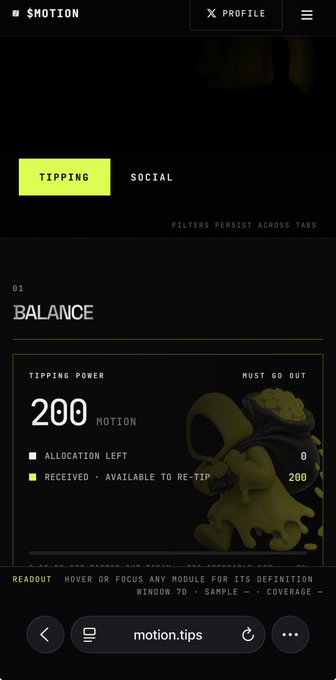 A dark-themed mobile interface for a 'TIPPING' application called $MOTION, displaying a 'BALANCE' tipping power of 200 and a browser URL of motion.tips.