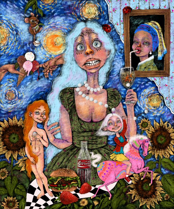 A whimsical, surreal painting inspired by Van Gogh's 'Starry Night' features a wide-eyed woman surrounded by sunflowers, a girl with a unicorn, and a Vermeer-style 'Girl with a Pearl Earring' sipping a drink.