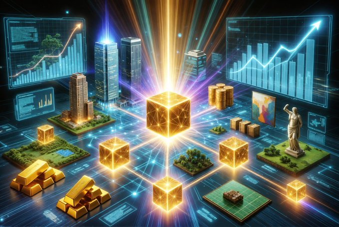A vibrant digital art illustration depicting interconnected glowing cubes, gold bars, buildings, and growth charts symbolizing crypto, finance, and technology.