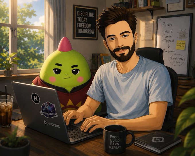 The image features a man sitting at his desk, working on a laptop computer with a green frog character as his companion. The scene takes place near a window, providing natural light for the workspace. There are also several books scattered around the room, suggesting that the man is engaged in research or studying related to the crypto world.
