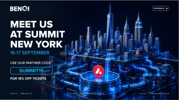 A promotional banner for Benqi announcing their appearance at 'SUMMIT NEW YORK' on 16-17 September, offering partner code 'SUMMIT15' for 15% off tickets, with a futuristic New York skyline.
