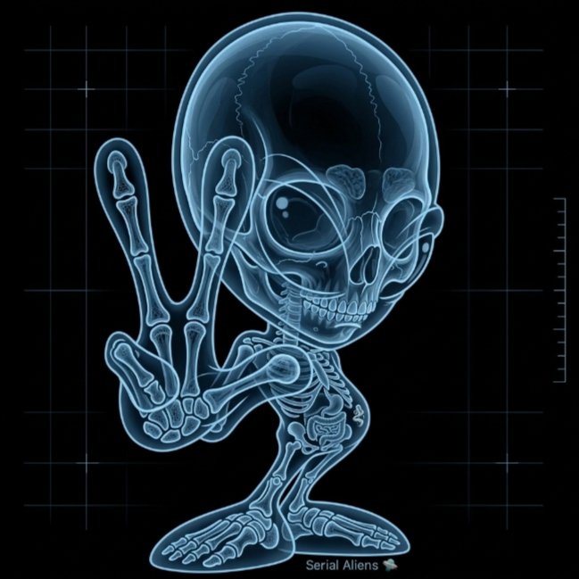 A blue X-ray style illustration of a cartoon skeleton character with an oversized head and big eyes, holding up two fingers in a peace sign against a black background with measurement markings, labeled 'Serial Allens'.